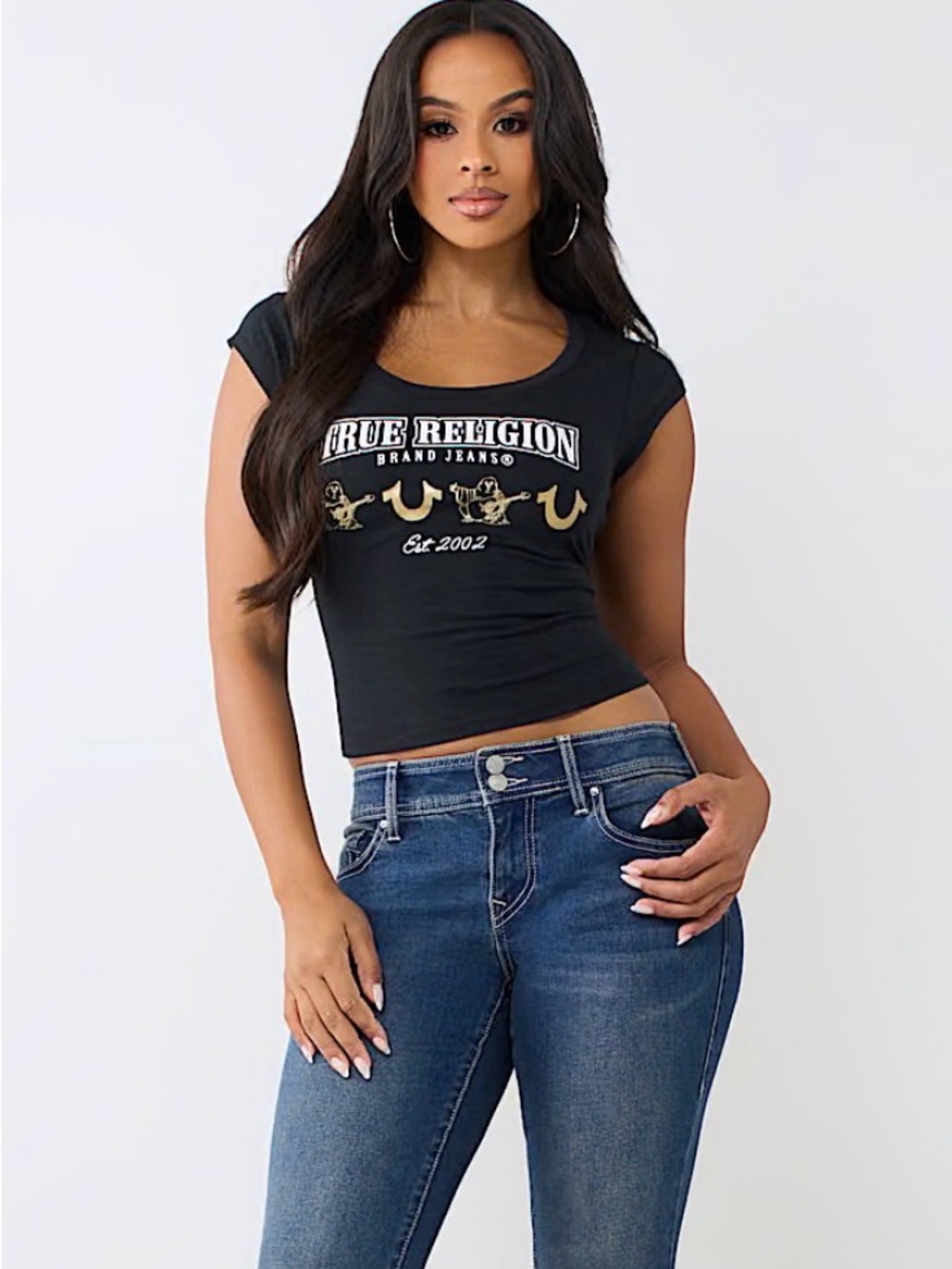 True Religion Black Crop Tee with Gold Logo - Picture 2 of 6